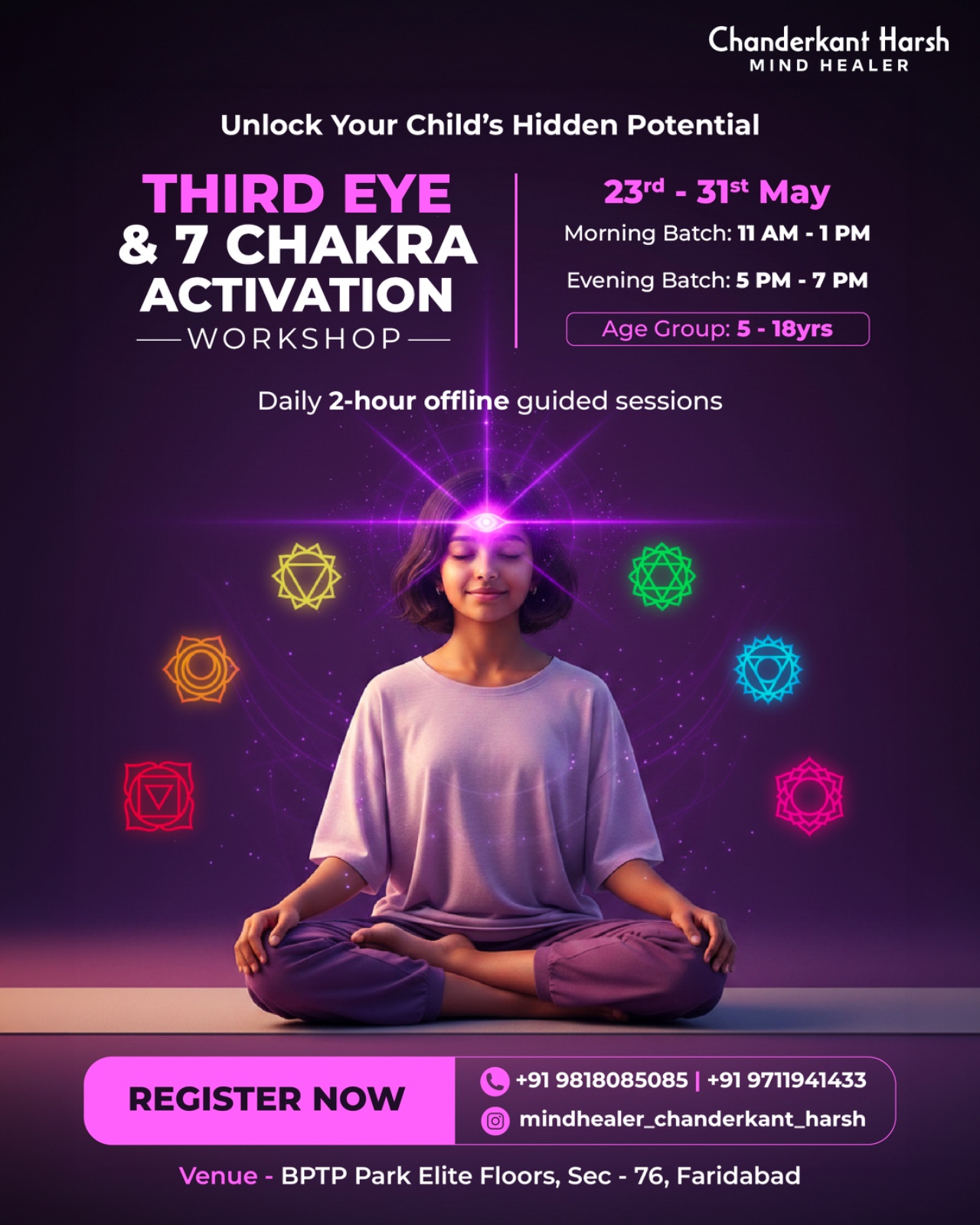 Third Eye and 7 Chakra Activation Workshop poster for the May 2026 batch